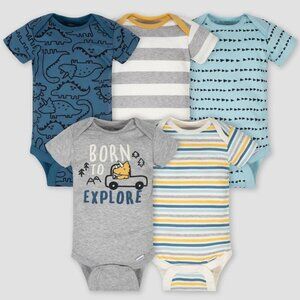 NWT Gerber Onesies Size 0-3M 5-Pack Explore & Dinosaur Bodysuits in Blue/grey